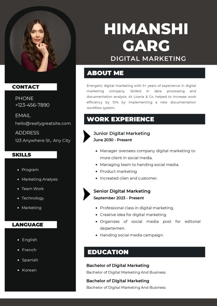 Simple Digital Marketing Resume page